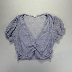 LE LIS Women's Lavender Lace Ruched V Neck Cropped Puff Sleeve Top Size M